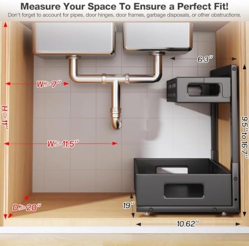 2 Pack 19IN-Depth Under Sink Organizer,Pull Out Cabinet Organizer With Smooth Cylindrical Rail,Metal Slide Out Drawer for Kitchen Bathroom Laundry,8-Level Tool Free Height Adjustable-Black - Image 2