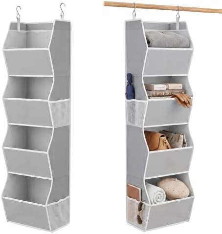 Libeder 4 Shelf Hanging Closet Organizer and Storage, Grey | Anti-Sagging Closet Hanging Shelf with Mesh Side Pockets, Space-saving Fabric Hanging Storage Bins for Cloths with Hooks by Libeder