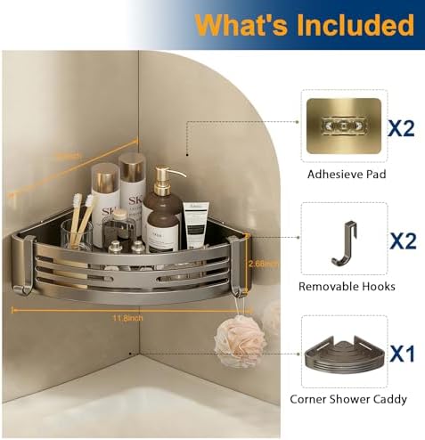 Corner Shower Caddy, No-Drilling Adhesive Shower Shelves with Hooks, Waterproof & Rustproof Removable Shower Organizer for Bathroom Kitchen - Image 6
