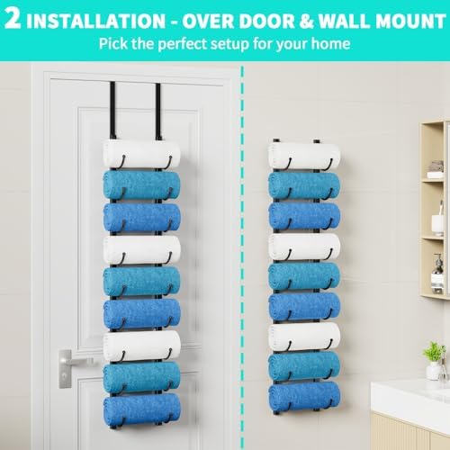 HapiRm Rolled Towel Racks for Bathroom - 9-Tier Over The Door & Wall Mounted Bathroom Towel Storage, Hanging Metal Organizer for Towels & Bath Sheets, Space Saving Rack for Bathroom, Camper, RV, Black - Image 4