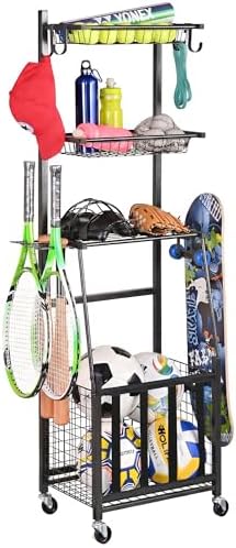 PLKOW Sports Equipment Storage for Garage, Indoor/Outdoor Sports Rack for Garage, Ball Storage Garage Organizer with Basket and Hooks,Toy/Sports Gear Storage by PLKOW