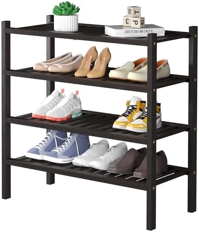 ROMGUAR CRAFT 4 Tier (Thick) Bamboo Shoe Rack for Closet Free Standing Wood Shoe Shelf for Entryway Small Space Stackable 27"x12"x28" (Black Brown) by ROMGUAR+CRAFT