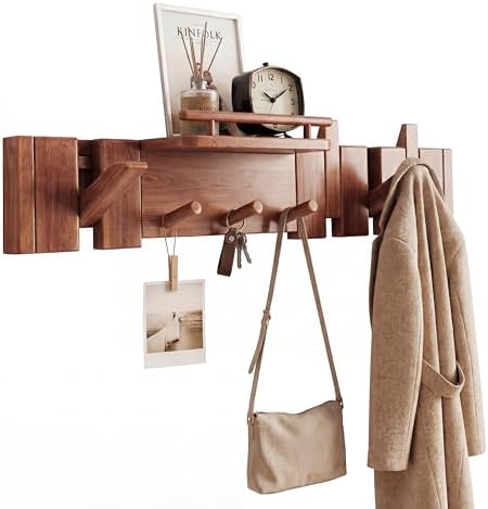Mid Century Modern Wood Coat Rack Wall Mount with Shelf, 7 Hooks, Walnut by Unknown