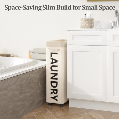 Optish 50L Slim Rolling Laundry Basket with Wheels & Removable Bag, White - Image 3