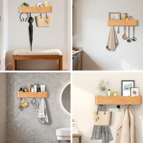 Wooden Wall Mounted Coat Rack with Shelf and Hidden Metal Hooks - Image 6
