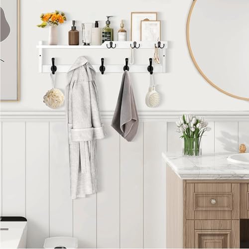 29'' Coat Rack Wall Mount with Shelf, Coat Hanger Wall Mount with Key Hooks and Mail Holder, Wood Entryway Floating Shelf with Hooks and Storage, Hat Rack for Wall Key Holder Mail Organizer - Image 4