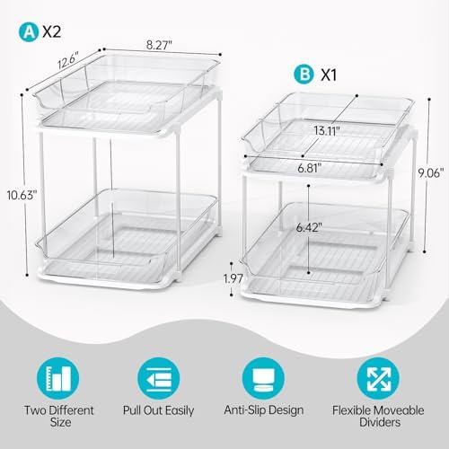 Delamu 3 Pack 2-Tier Bathroom Under Sink Organizers and Storage, Multi-Purpose Stackable Pantry Organization and Storage, Pull Out Clear Kitchen Bathroom Cabinet Organizer with Movable Dividers, White - Image 2