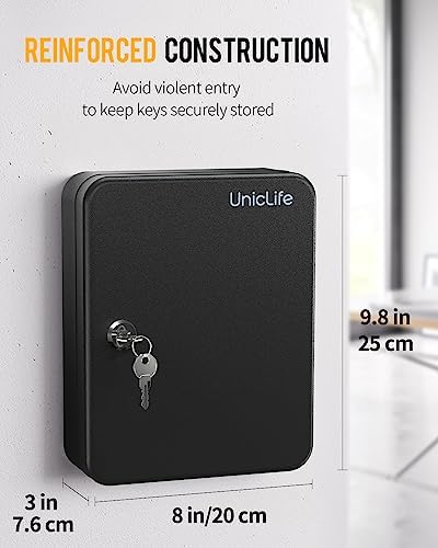 Uniclife Steel Key Cabinet Wall Mounted Organizer - 28 Keys, 2 Unlocking Keys - Black Frosted Security Box with Hooks and Color-Coded Labels - Image 2