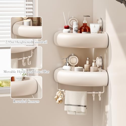 CICUFY Shower Caddy Suction Cup, 1 Pack No Drilling Corner Shower Shelves, Rust Proof Bathroom Storage Organizer, Shower Corner Caddy with Removable Hooks and Towel Bar, Triangle, Cream - Image 4