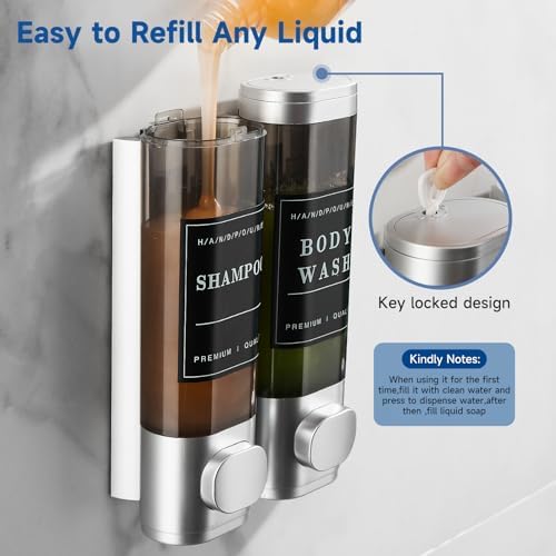 Shampoo and Conditioner Dispenser,Unisence Shower Dispenser 2 Chamber No Drill Wall-Mounted Shampoo Dispenser for Shower Wall Mounted Body Wash Dispenser for Bathroom Hotel Large Capacity,Silver - Image 5