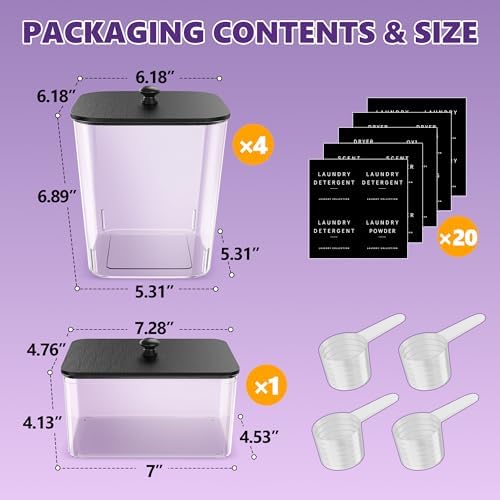 Moforoco 5 Pack Laundry Pods Container, Clear Laundry Room Organization Containers,Large Detergent Powder Storage, Black Wooden Lids & Labels, Acrylic Pods Holder - Image 2