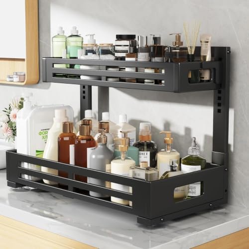 2 Pack 21IN-Depth Under Sink Organizer,Pull Out Cabinet Organizer With Smooth Cylindrical Rail,Metal Slide Out Drawer for Kitchen Bathroom Laundry,8-Level Tool Free Height Adjustable-Black - Image 7