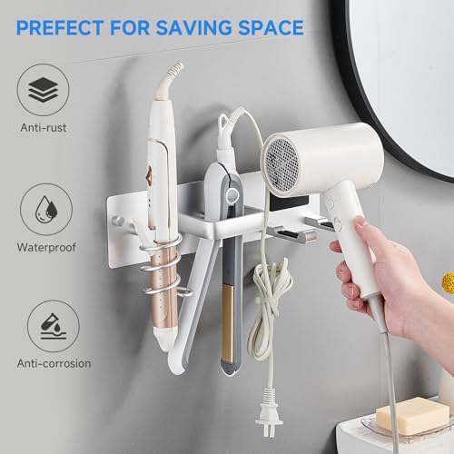 Hair Dryer Holder Wall Mounted,Blow Dryer, Curling Iron, Straightener Holder 3 in 1 Bathroom Metal Hair Tool Organizer Rack-Silver-2 - Image 6