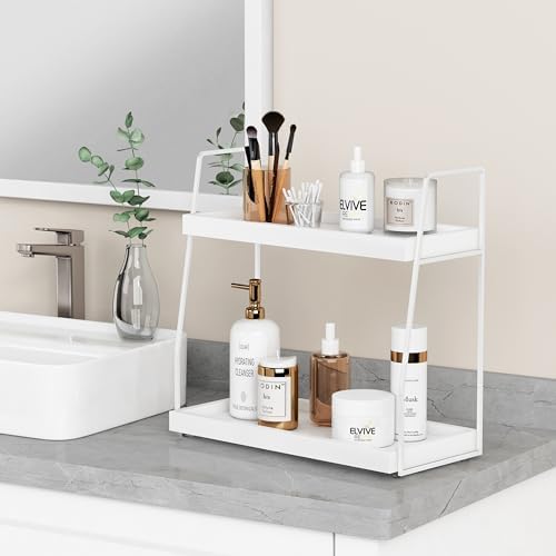 Forbena White 2 Tier Bathroom Organizer Countertop, Small Counter Top Organizer for Bathroom Decor, Modern Kitchen Counter Shelf for Snack, Vanity Makeup Organizers and Storage Tray for Bedroom - Image 3