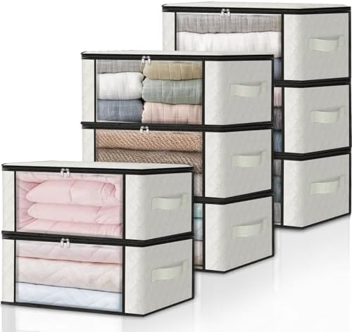 HomeHacks 8-Pack Clothes Organizer Storage Bags, 35L Storage Bins, White | Foldable Storage Box Container with Zippers, Clear Window, Reinforced Handles for Closet, Dorm, Pillows, Bedding, Sweater by HomeHacks