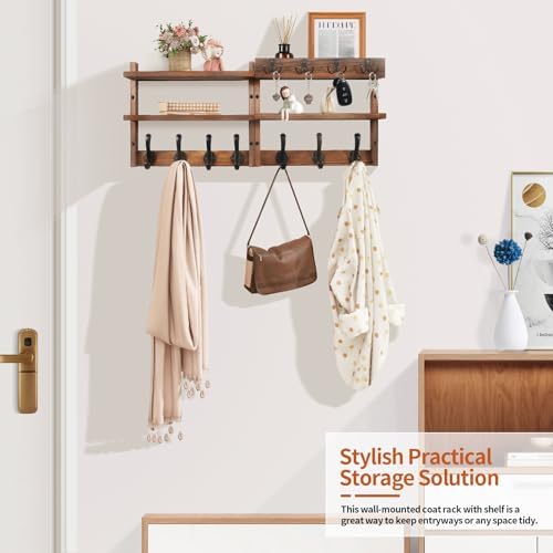 29" Coat Rack Wall Mount with Shelf, Pine Two-Tier Wall Shelf Mounted Coat and Key Hanger with 7 Heavy Duty Hooks 4 Key Hooks, Entryway Key Holder with Mail Holder for Bedroom,Living Room (Brown) - Image 3