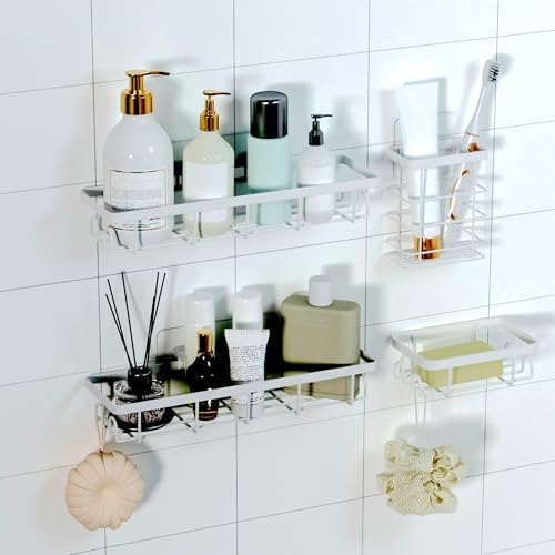 Shower Caddy Organizer with Hooks,Self Adhesive Bathroom Shelves,No Drilling Bathroom Organizers and Storage,Perfect for RV, Apartment, Home Decor,White 4PCS by Unknown