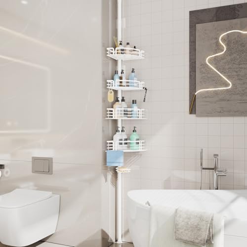 Consumest Shower Caddy Tension Pole - Adjustable Corner Shower Organizer with Soap Holder, Bath Shelves for Bathroom Storage, 27.6-108.3 inch, White - Image 7