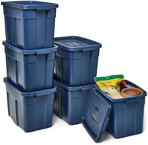 Rubbermaid Roughneck Tote 18 Gal, 6 Pack, Made in USA, Dark Indigo Metallic, Rugged Plastic Stackable Storage Bins with Lids and Handles by Unknown