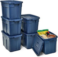 Rubbermaid Roughneck Tote 18 Gal, 6 Pack, Made in USA, Dark Indigo Metallic, Rugged Plastic Stackable Storage Bins with Lids and Handles by Unknown