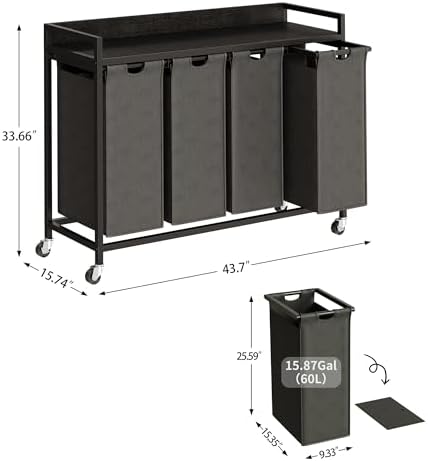 Herture Laundry Hamper with Shelf, Laundry Basket 4 Section, Laundry Sorter with Pull-Out Removable Large Bags and Movable Wheels, Metal Frame, 4 x 15.87 Gallons (60L), Black and Gray PF07XLB - Image 4