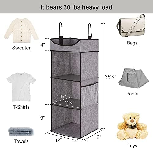 StorageWorks 3-Shelf Hanging Closet Organizer with Half Compartment | Add More Storage to Small Closets with 3 Shelves, a Side Pocket and Half Compartment, Ideal for Bedrooms, Dorms and RVs, Grey - Image 3