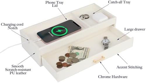 HofferRuffer Valet Jewelry Tray Organizer with Drawer, Faux Leather Storage Catchall Box Phone Charging Station Tray with Dresser Nightstand Desktop Drawer Organizer (White) - Image 4