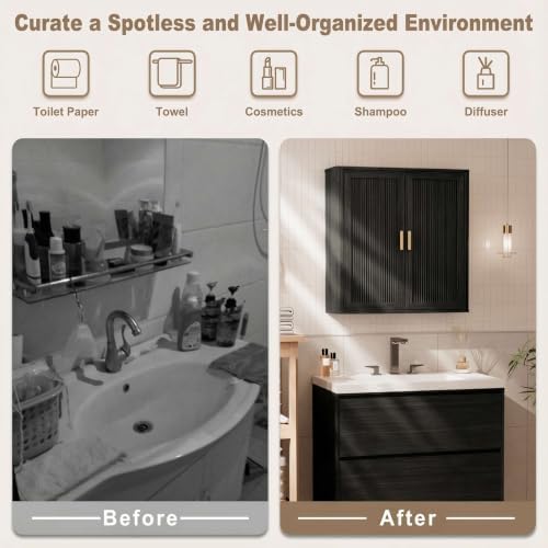 INNOD Bathroom Storage Cabinet, Over The Toilet Storage Cabinet, Medicine Cabinet with Adjustable Wood Shelf & Doors for Laundry Room & Kitchen & Living Room(Black) - Image 3