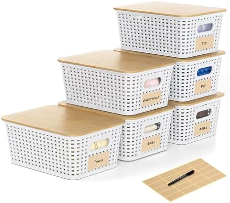 6 Pack Plastic Storage Baskets,White bamboo lid storage Box by WRRLORS