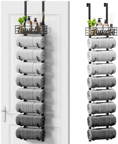 SWTYMIKI Hanging Towel Racks for Bathroom - 9 Tier Over the Door & Wall Mounted Bath Rolled Towel Storage Organizer Holder for Small Bathroom, RV, Camper, Black (Patented) by SwtyMiki-TidyHomeSweetLife