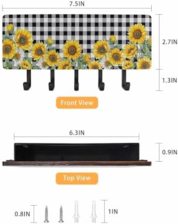 Sunflower Key Holder Wall Mount,Black White Check Country Yellow Floral Black Hanging Mail Organizer with 5 Key Hooks Wall Decorative,Adhesive Key Rack with Shelf for Hallway Kitchen Entryway Decor - Image 3