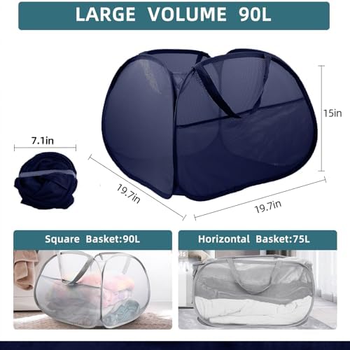 Collapsible Laundry Baskets, 90L Large Foldable Laundry Basket, Durable Mesh Pop Up Hampers for Laundry, Dirty Clothes Laundry Hamper for Bedroom, Bathroom, Dorm, Laundry Room, Travel or Camping Navy - Image 4