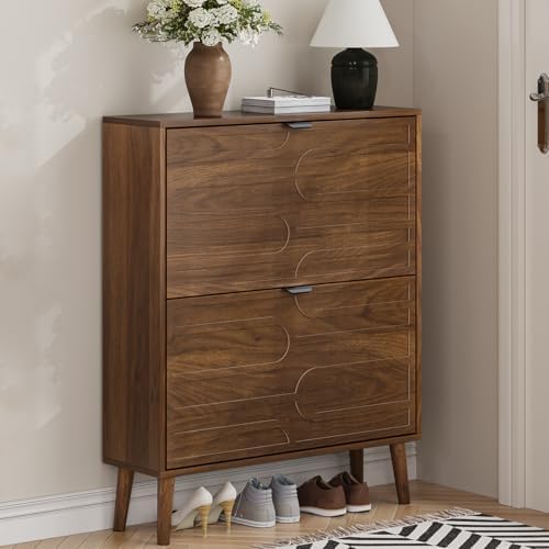 Shoe Cabinet Storage for Entryway with 2 Flip Drawers, Narrow Shoe Cabinet with Black Handles for Entryway, Hidden Slim Shoe Organizer Rack, 31.5" w x 9.45" D x 39" H - Image 3