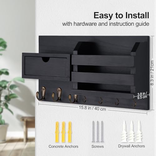 Lwenki Wall Mount Key Holder with Mail Organizer, 100% Paulownia Wood, 7 Metal Hooks, Storage Drawer, Entryway Home Decor (Black) - Image 7