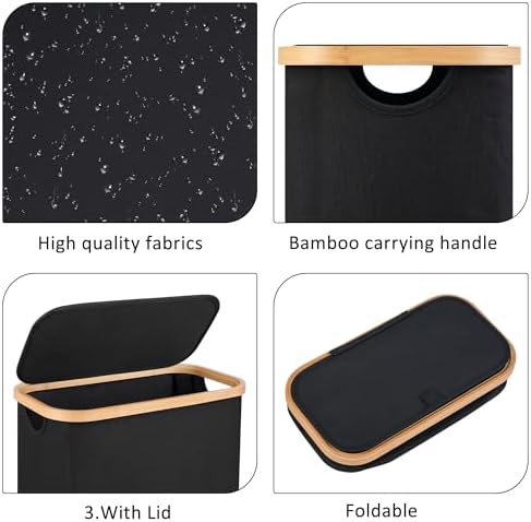 60L Slim Laundry Hamper,Laundry Basket with Lid,Tall Hamper for Laundry,Dirty Cloth Hamper with Bamboo Handle for Toys,Towels, Clothes Organizing,Black - Image 2