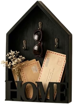 Key Holder Wall Mount, Pine Wood Key Hanger & Mail and Key Organizer for Wall, Decor Plate Hangers for Wall, Multifunctional Home Decor Entryway Key Holder with Shelf for Key & Plant Storage (Black) by Unknown