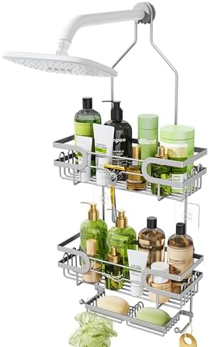 HapiRm Bathroom Hanging Shower Caddy - Rustproof Shower Shelf with 12 Hooks and 2 Soap Holders, No Drilling Bathroom Organizers and Storage - Silver by HapiRm