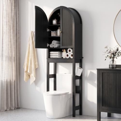 HMstone Over The Toilet Storage Cabinet, Arched Bathroom Organizer and Storage with Doors and Adjustable Shelf, Space-Saving Freestanding Bathroom Modern Storage Cabinet Over Toilet (Black) by HMstone