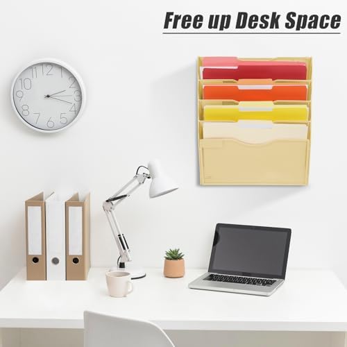 EASEPRES 5 Pocket Mesh Hanging Wall File Organizer, Wall Mounted Mail Paper Document Folder Holder, Clipboard Storage Organization Magazine Rack with Nametag Label for Office Home School, Gold - Image 4
