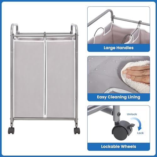STORAGE MANIAC Laundry Sorter 2 Section, 90 L Gal Laundry Hamper with Wheels, Clothes Basket Separator Sorter, 2 Bag Rolling Cart and Removable Bags for Closet, Dorm, Collage, Grey - Image 6