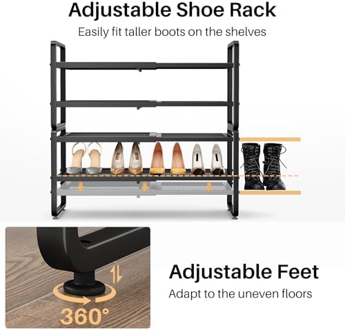 Expandable Metal Shoe Rack for Closet, Entryway & Garage, 4-Tier, Black | Adjustable Height for Boots, Stackable Design, Dense Mesh Shelves for Heels, Fits Small Spaces, Apartments and Rentals - Image 7