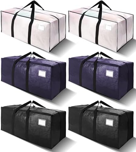 6 Pack Heavy Duty Extra Large Moving Bags W/Backpack Straps - Strong Handles & Zippers, Storage Totes For Space Saving, Fold Flat, Alternative to Box and Bin (40 gal, Semi-Transparent+Blue+Black) by VELVETSURE