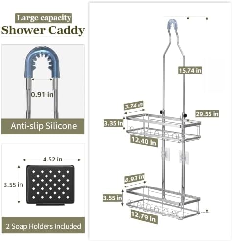 Skyapex Shower Caddy Hanging: Adjustable Height, Rustproof Shelves with Hooks, 2 Soap Holders - Silver Shower Organizer Over Showerhead - Image 2