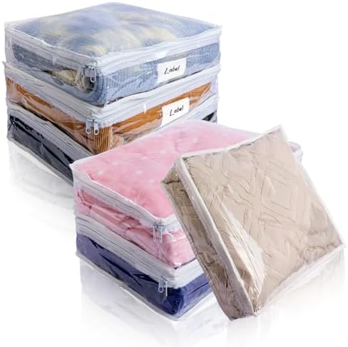 Clear Zippered Plastic Clothes Storage Bags, 6 Pack, White | Clear Storage Bags with Zipper Plastic Storage Bags for Clothes Sweaters Blankets Sheets, Size: 10.5 x 10.5 x 2.5 Inch by Heonay