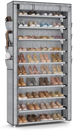 VTRIN Tall Shoe Rack with Cover, 10 Tier Shoe Organizer Storage for 50-55 Pairs Shoes and Boots Large Capacity Shoe Shelf with 8 Pockets Free Standing Shoe Rack for Closet, Entryway, Garage, Printing by VTRIN