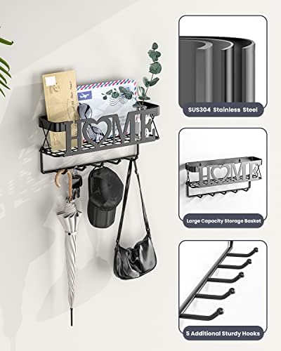 Key Holder for Wall - Key Rack with 5 Key Hooks, 11.02" L×2.75" W×4.92" H, Key and Mail Organizer Wall Mount with Mesh Basket, Key Hanger for Wall, Entryway, Home Decor(Matte Black) - Image 2