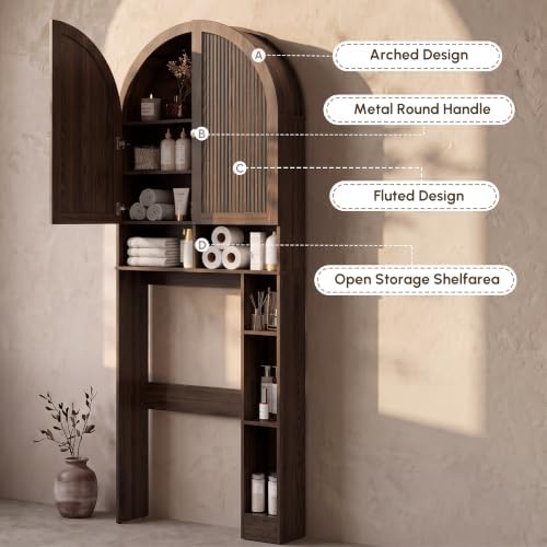 HMstone Over The Toilet Storage Cabinet, Arched Bathroom Organizer and Storage with Doors and Adjustable Shelf, Space-Saving Freestanding Bathroom Modern Storage Cabinet Over Toilet (Walnut) - Image 5