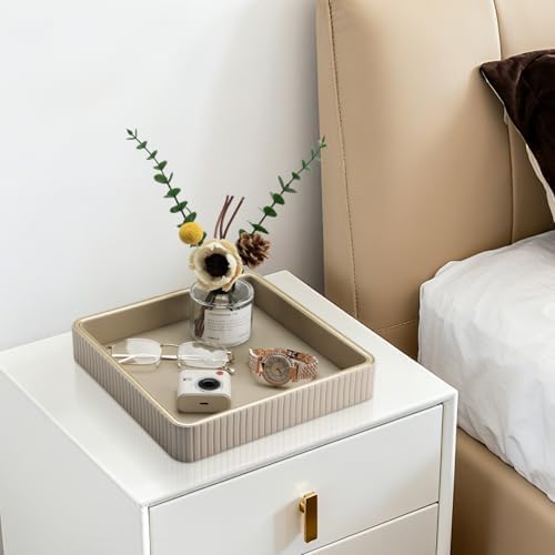 GORESE Square Perfume Tray Nightstand Organizer, PU Leather Purse Bowl Jewelry Trays for Dresser, Trinket Dish Catchall Bowl for Keys, Decorative Vanity Tray, Gift for Women, Beige(9.3'' × 9.3'') - Image 2