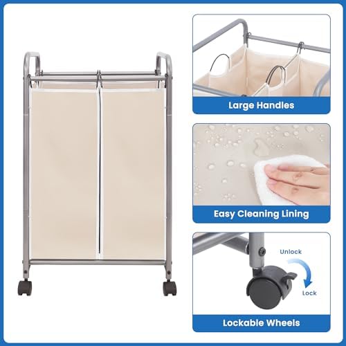 STORAGE MANIAC Laundry Sorter 2 Section, 90 L Gal Laundry Hamper with Wheels, Clothes Basket Separator Sorter, 2 Bag Cart and Removable Bags for Closet, Dorm, Collage, Beige - Image 6