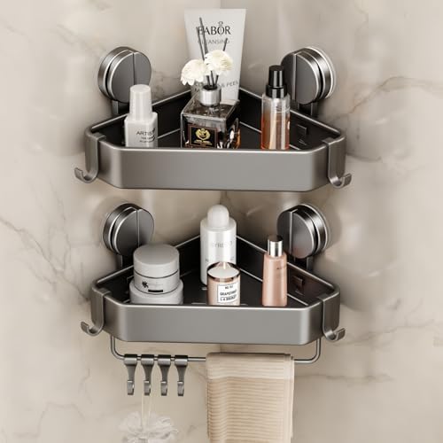 Mustorn Suction Cup Shower Caddy Corner, 2 Pack Suction Corner Shower Shelves No Drilling, Rustproof Shower Organizer Suction Cup with Towel Holder & Hooks Removable Bathroom Storage Rack(Gray) by MUSTORN